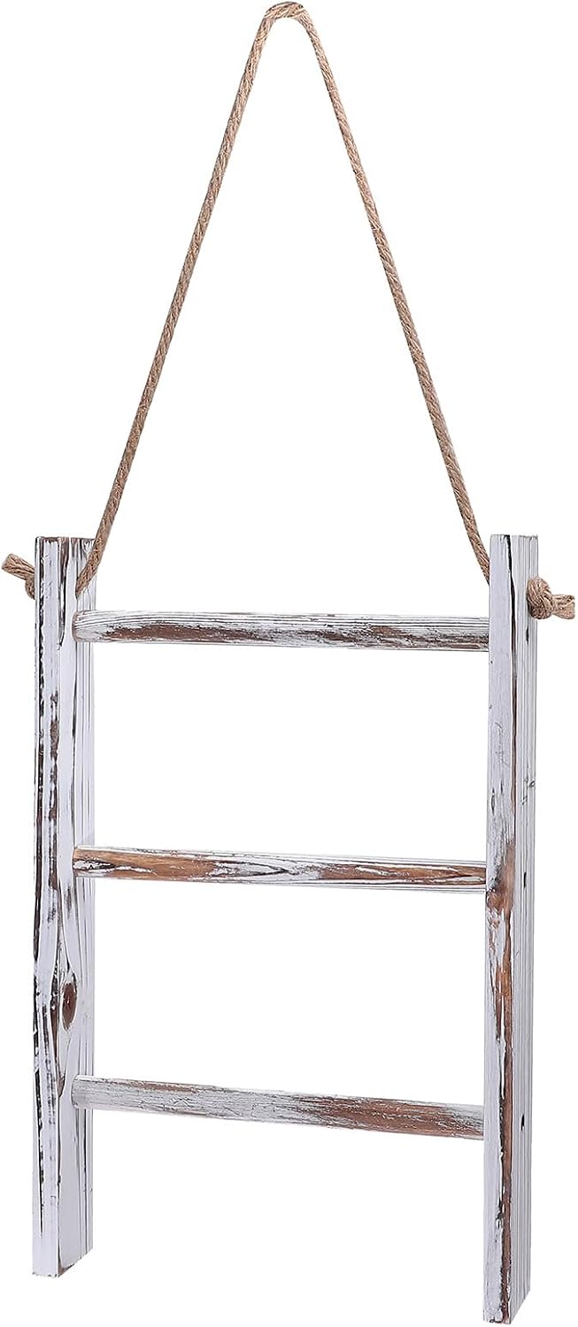 Amosfun Wood Wall Hanging Hand Towel Drying Rack 3 Tier Hanging Decorative Ladder with Hanger Rope Bathroom Storage Rack 10 x 15.7 Inch