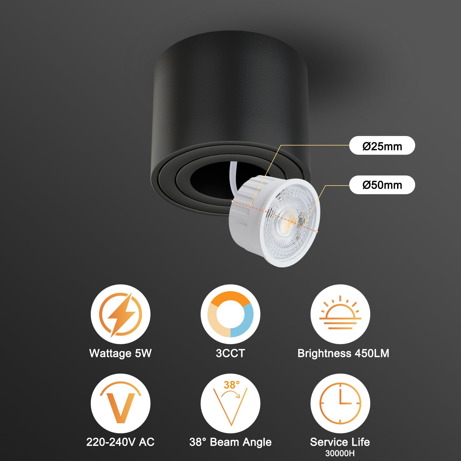 HCFEI LED Modul Ultra Flach ø50x24mm für Einbaustrahler, 5W 450lm 38° 230V, Warmweiß Naturalweiß Kaltweiß, Ersetzt GU10 MR16 Leuchtmittel, IP44 Wasserdicht (10 Stück (1er Pack))