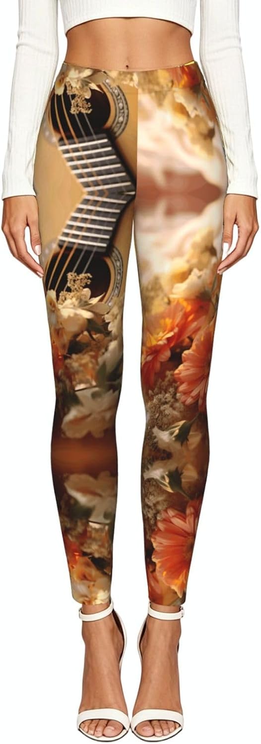 Flowers Guitar Print Women's Leggings,Breathable Fitness Clothing,for Gym,Running and Hiking