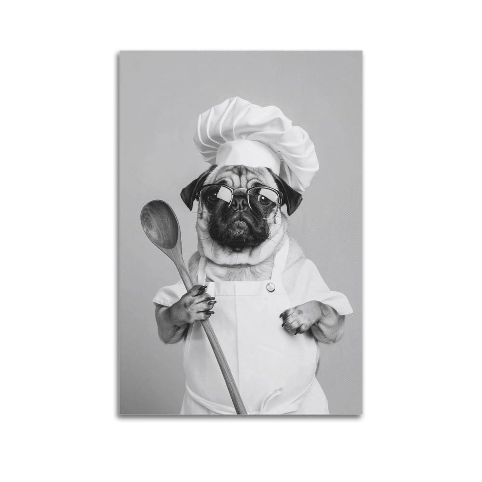 HUERYRYHY Chef Pug Monochrome 04 Poster Wall Art Canvas Vintage Aesthetic Painting Decor for Rooms 20x30inch Unframe-style