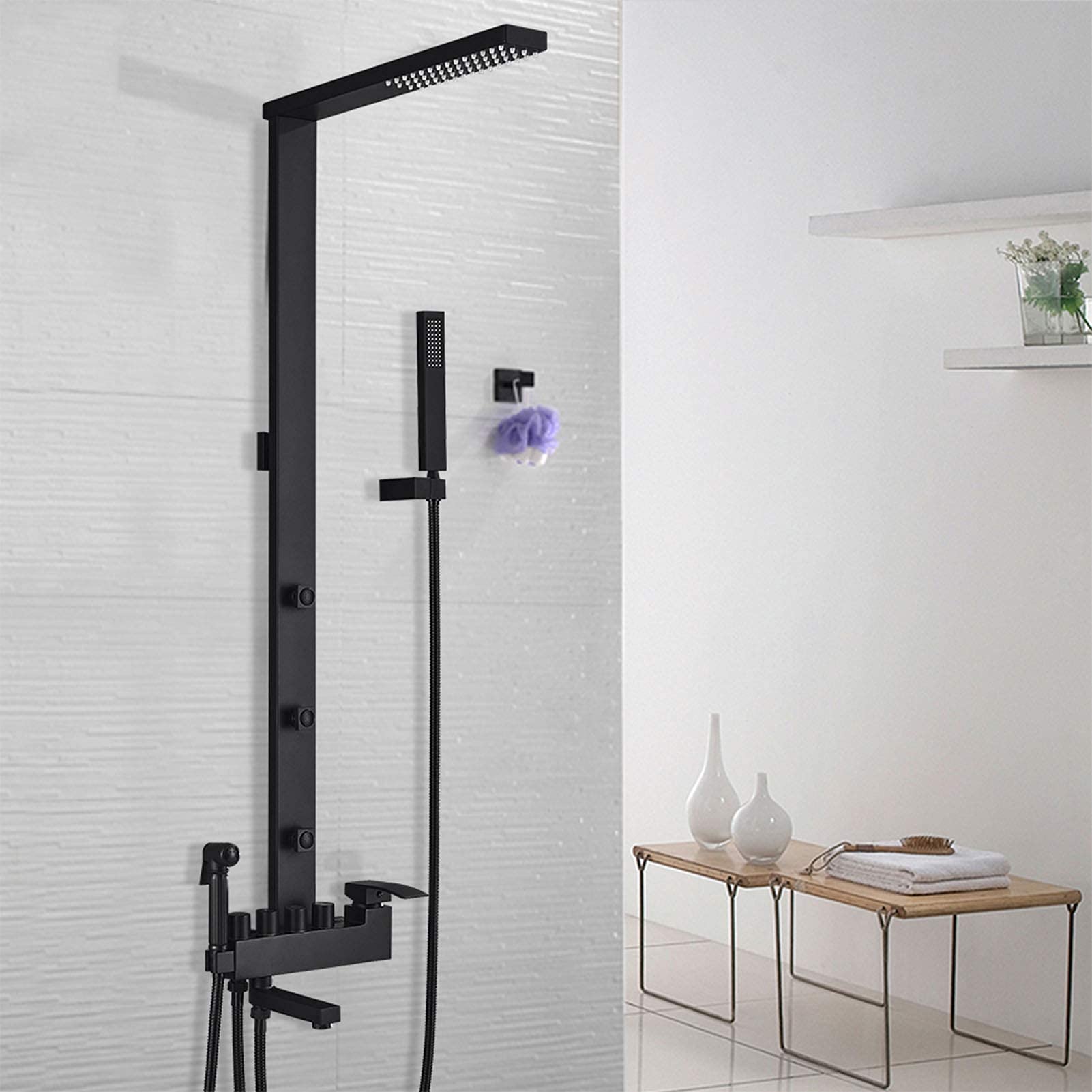 AYCDL Shower Faucet Set Matte Black, Bathroom Rainfall Shower Head, Massage Spa Jets, Bidet Shower with Tub Spout, Exposed Shower System, Bath Shower Mixer Tap