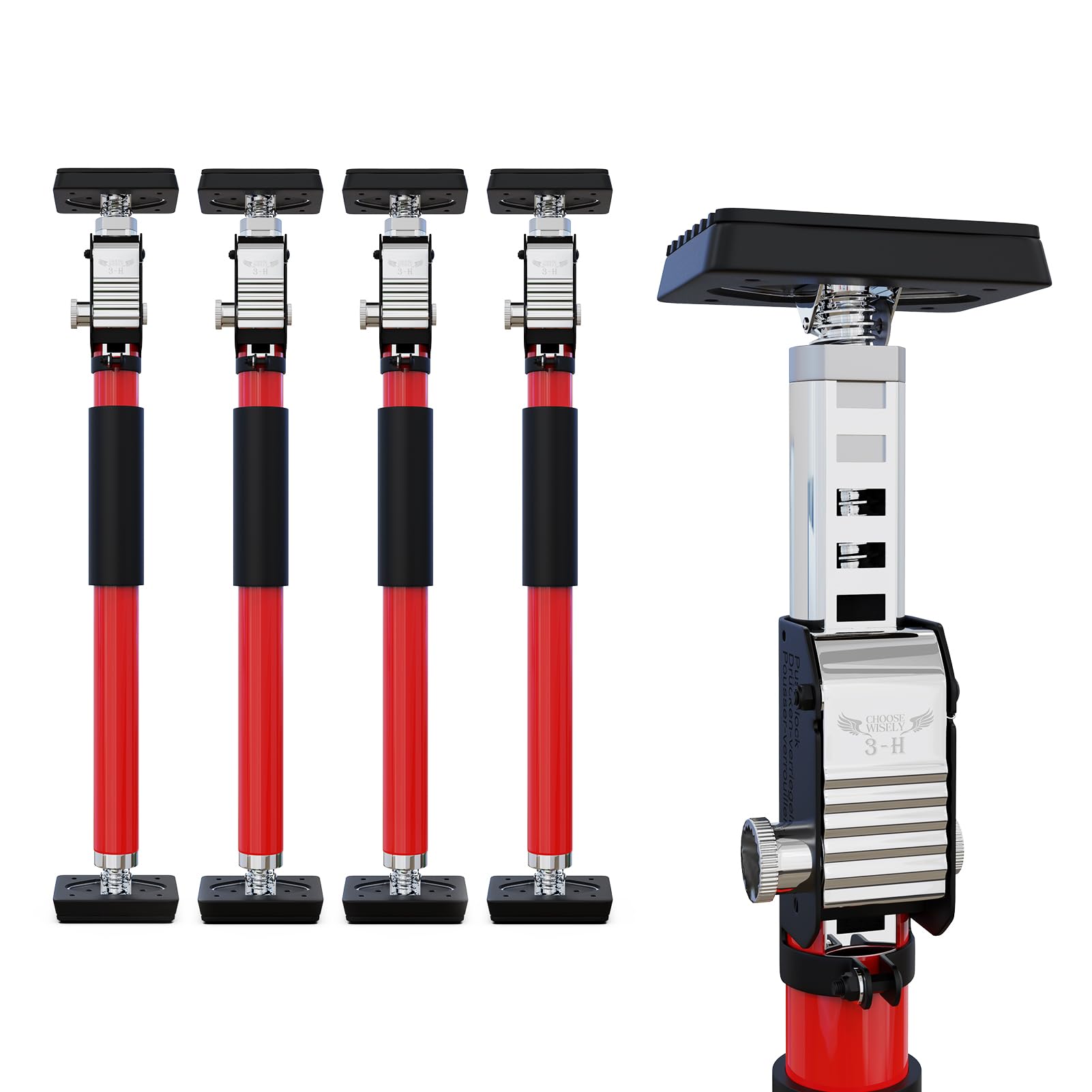 3-H Third Hand Telescopic Support Pole Heavy Duty, All-Steel Support Rod for Cabinet Jacks Cargo Bars Drywall Support-165 lbs Capacity and Extends from 15.7 to 27.5 Inch, 4 Pack(Red)