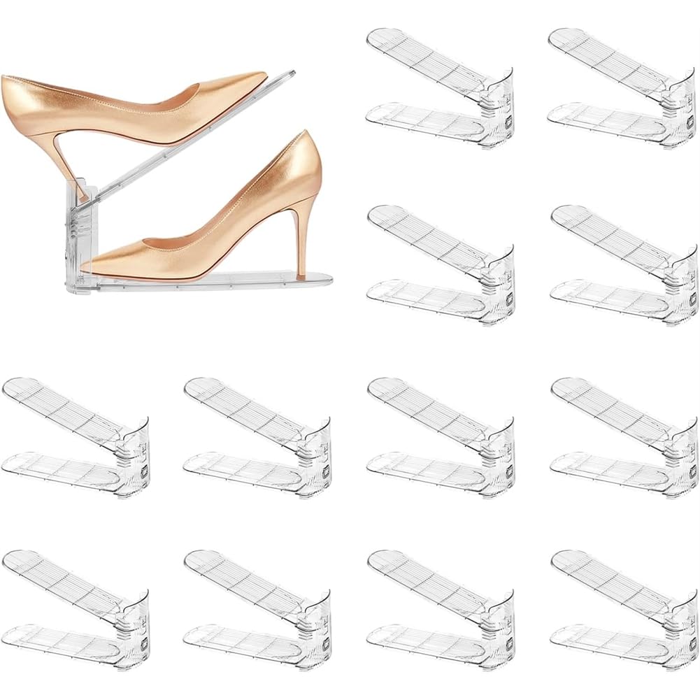 Hndhbfgrt Shoe Slots Organizer Double Layer Holders-12 Pack, 3 Levels Adjustable,Space-Saving 50%, Shoe Stacker for Closet Saver