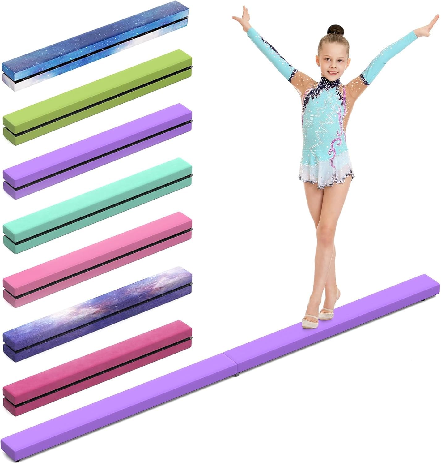 Poutre Gymnastique Pliable Violet 2,1 m 220 LB Simili Cuir Suédé Barre Gymnastique Enfant