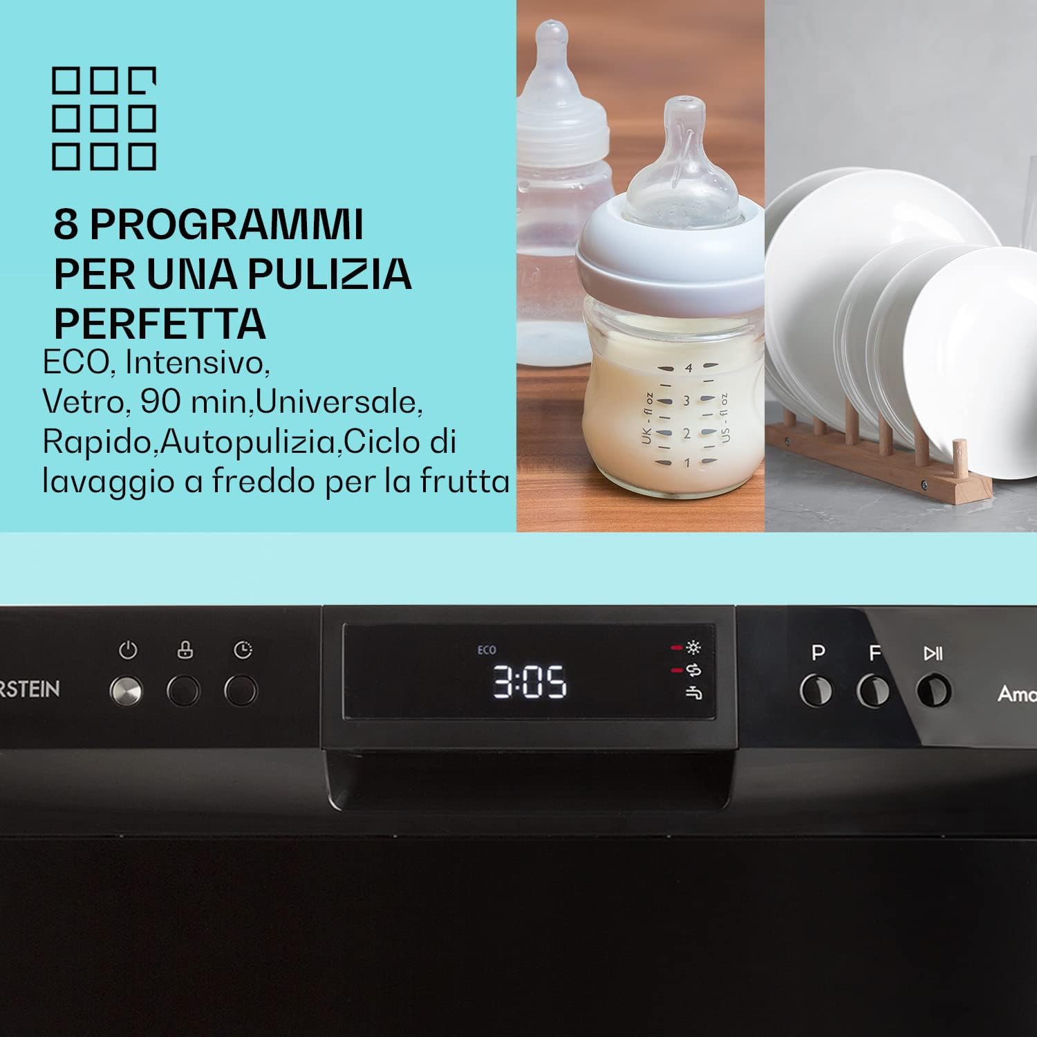 Klarstein Lavastoviglie 6 Coperti, da Incasso Silenziosa con 7 Programmi di Lavaggio, Facile Installazione, Lavastoviglie Piccola, per Casa e Ufficio, Acciaio inossidabile, Nero [Classe di efficienza energetica F]