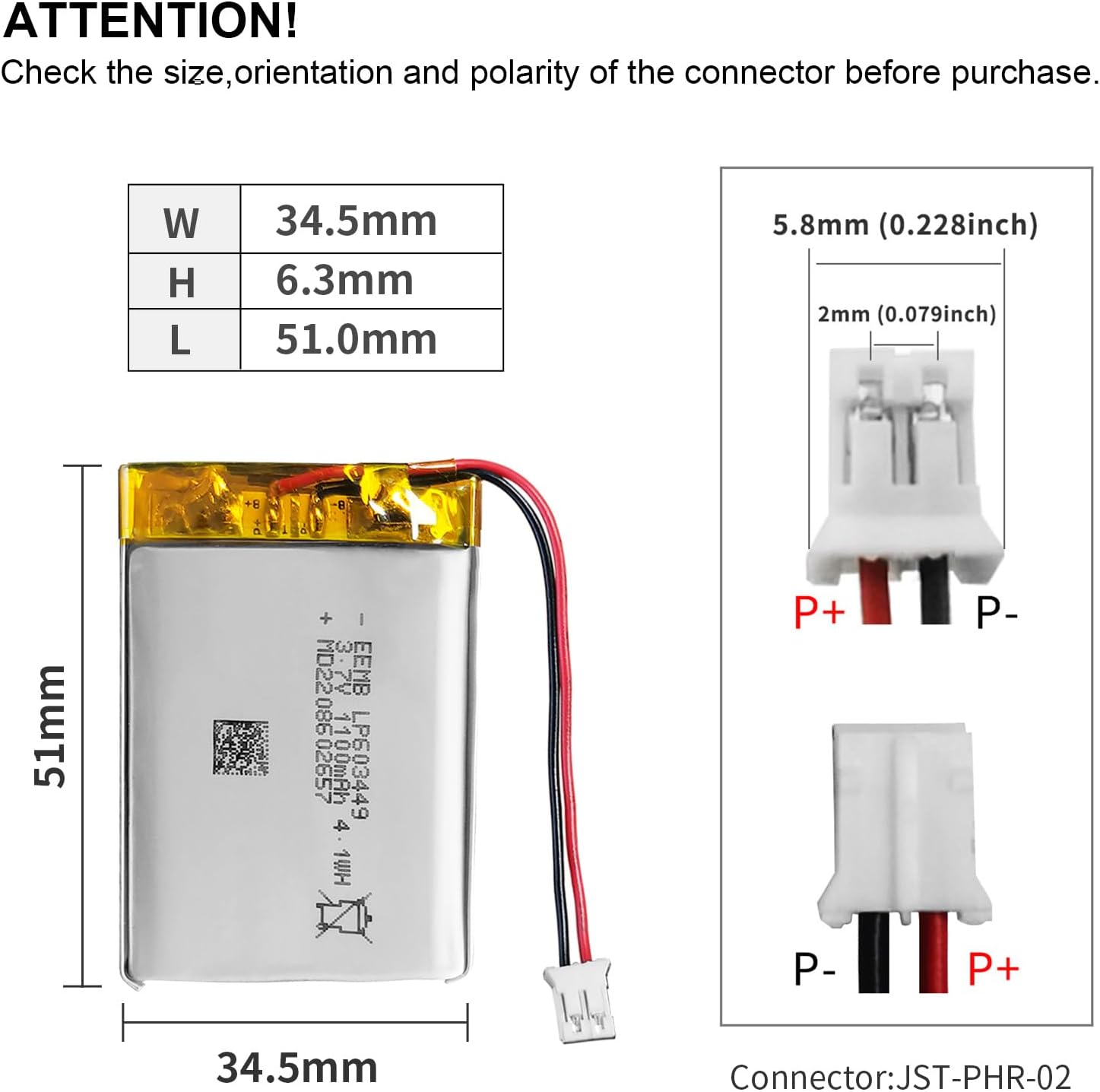 EEMB 10PACK Lithium Polymer Battery 3.7V 1100mAh 603449 Lipo Rechargeable Battery Pack with Wire JST Connector for Speaker and Wireless Device- Confirm Device & Connector Polarity Before Purchase