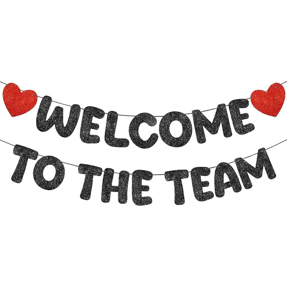 Pre Strung Welcome to The Team Banner with Two Heart Signs, NO DIY, Glitter Welcome Party Supplies for New Employee, Coworker, Colleague, Staff, Team Member Office Decorations (Black)