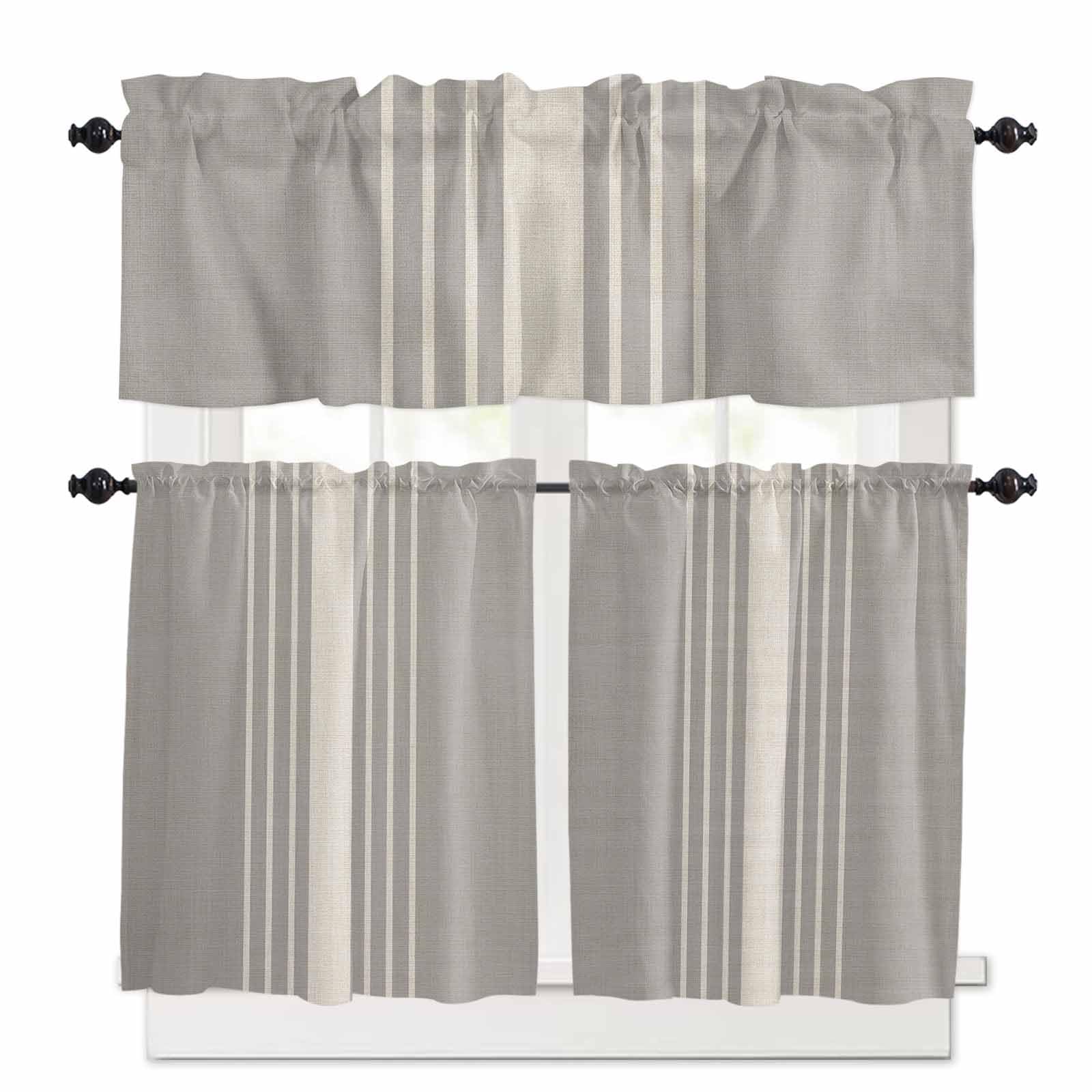 Beige Striped Kitchen Curtains 36 Inch Length,3 Piece Rod Pocket Small Half Tiers and Valance Set,Grey Geometric Minimalist Modern Artwork Small Large Window Treatment Decor for Bedroom/Bathroom Sink