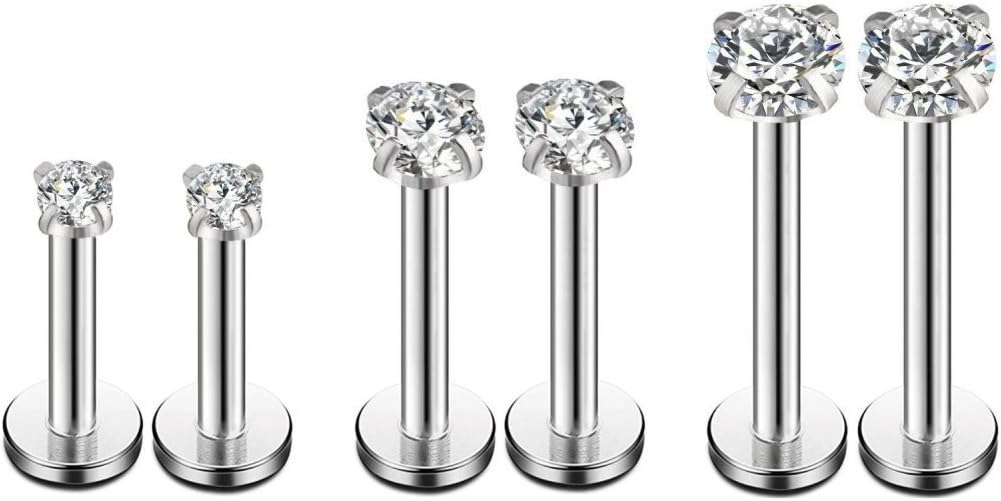 Changgaijewelry 16g CZ Labret Cartilage Tragus Monroe Lip Nose Helix Studs Earrings for women Stainless Steel Piercing