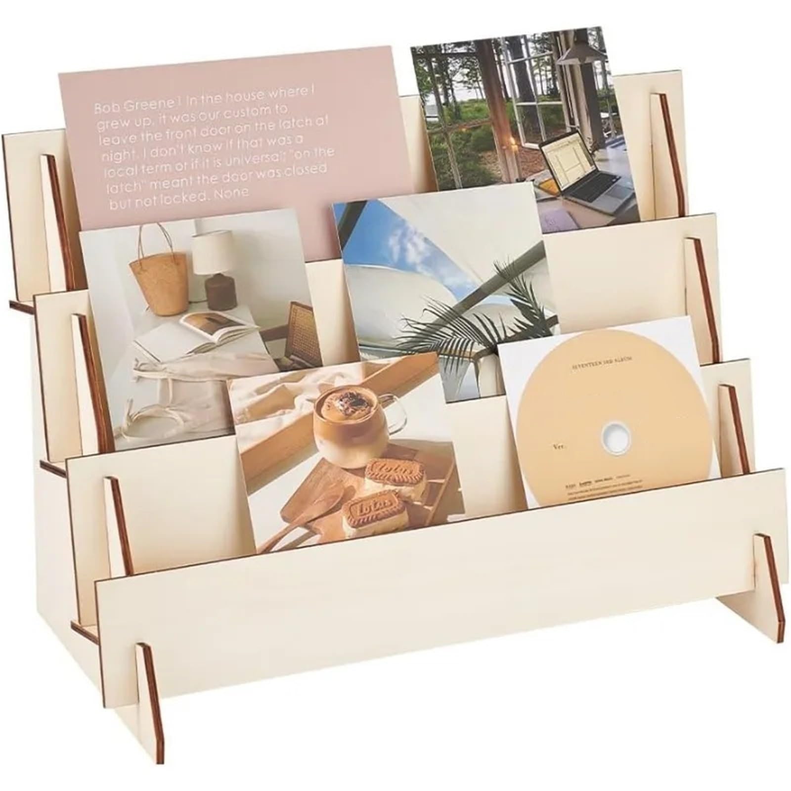 Expositor De Tarjetas De Felicitación Soporte de exhibición de tarjetas de felicitación de 3 niveles, soporte de exhibición de pegatinas de madera, elevadores de exhibición de pegatinas de madera, org