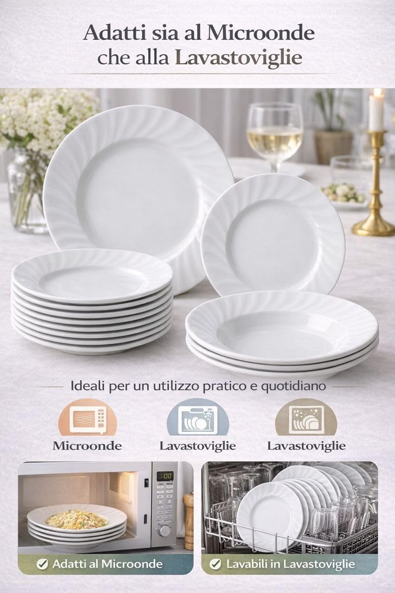 Set Piatti 18 Pezzi in Ceramica Bianca Margherita – Servizio da Tavola Elegante e Monocromatico – 6 Piatti Piani, 6 Piatti Fondi, 6 Piatti Frutta