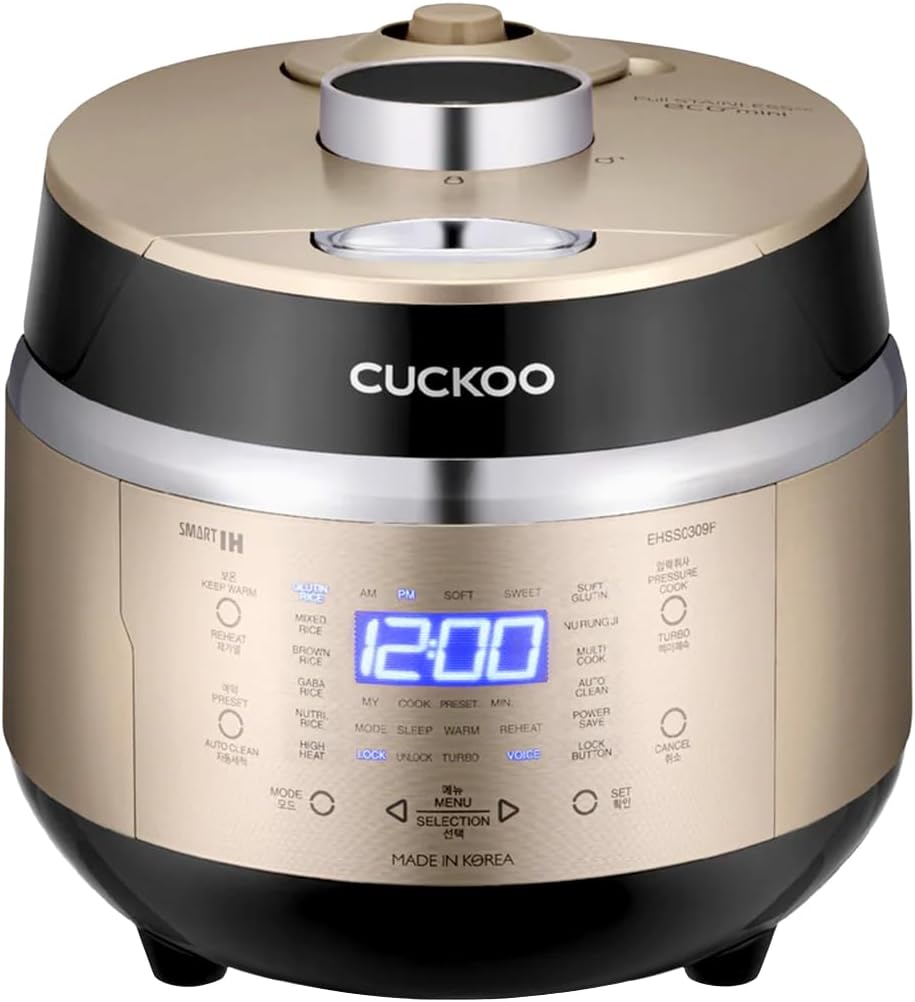 High Pressure Rice Cooker 3-Cup Uncooked / 6-Cup Cooked with Induction Heating Technology, Small Rice Maker with 16 Menu Options and Steam Plate, Voice Guide, Gold (CRP-EHSS0309F)
