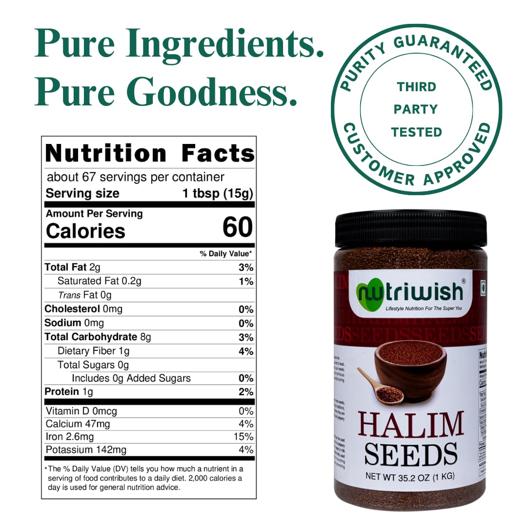 Nutriwish Natural Halim Seeds | 35.2 oz (1 KG) | Pure & Natural Garden Cress Seeds | Safe & Beneficial Aliv Seeds | Halim Aliv Garden Cress Seeds for Eating | No Additives | High Protein Snack |