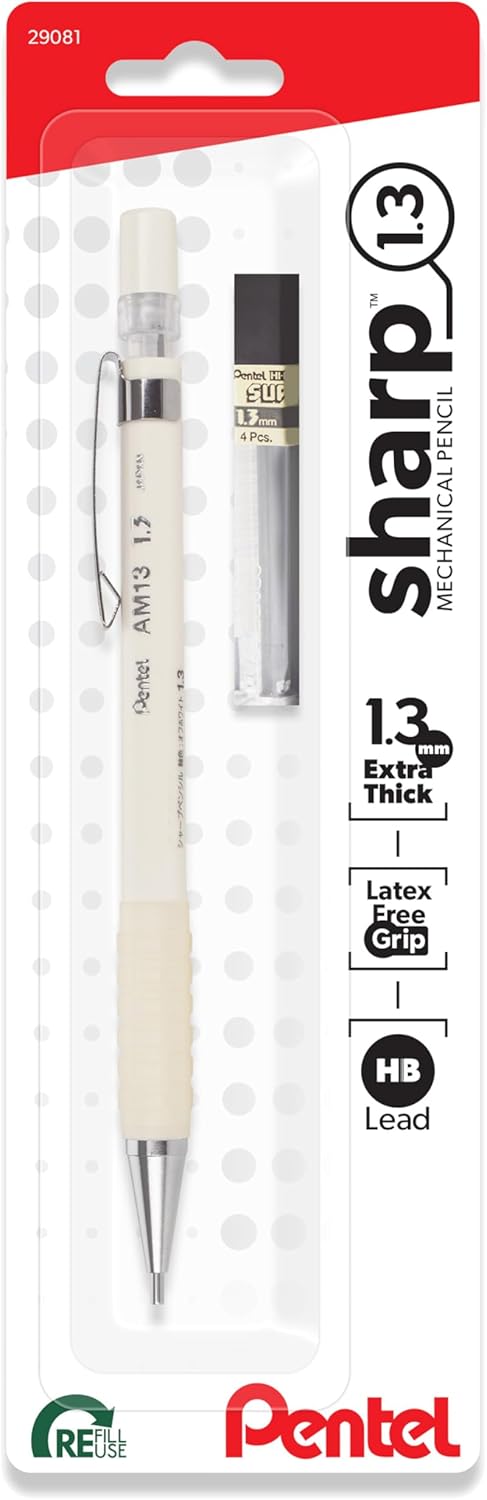 Pentel Sharp 1.3 Mechanical Pencil, (1.3mm), Extra Thick Line, Includes Refill Lead, Writing/Office/Test-Taking Pencil, Pastel Off-White Barrel (AM13LBPW)
