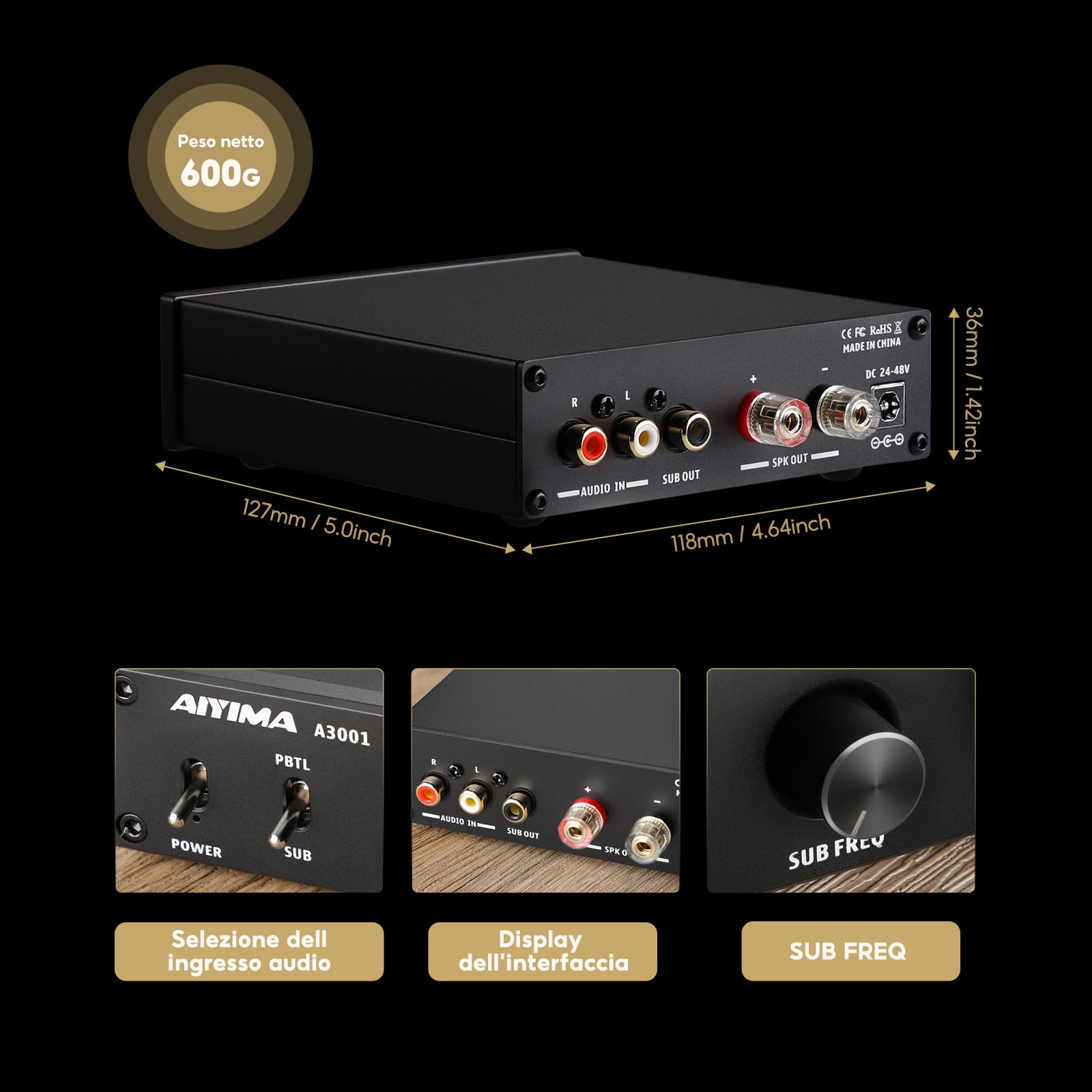 Amplificatore mini subwoofer AIYIMA A3001 TPA3255 da 200 W, amplificatore di potenza mono Hi-Fi, classe D, a piena frequenza e sub bassi, amplificatori commutabili DC 24 V-48 V