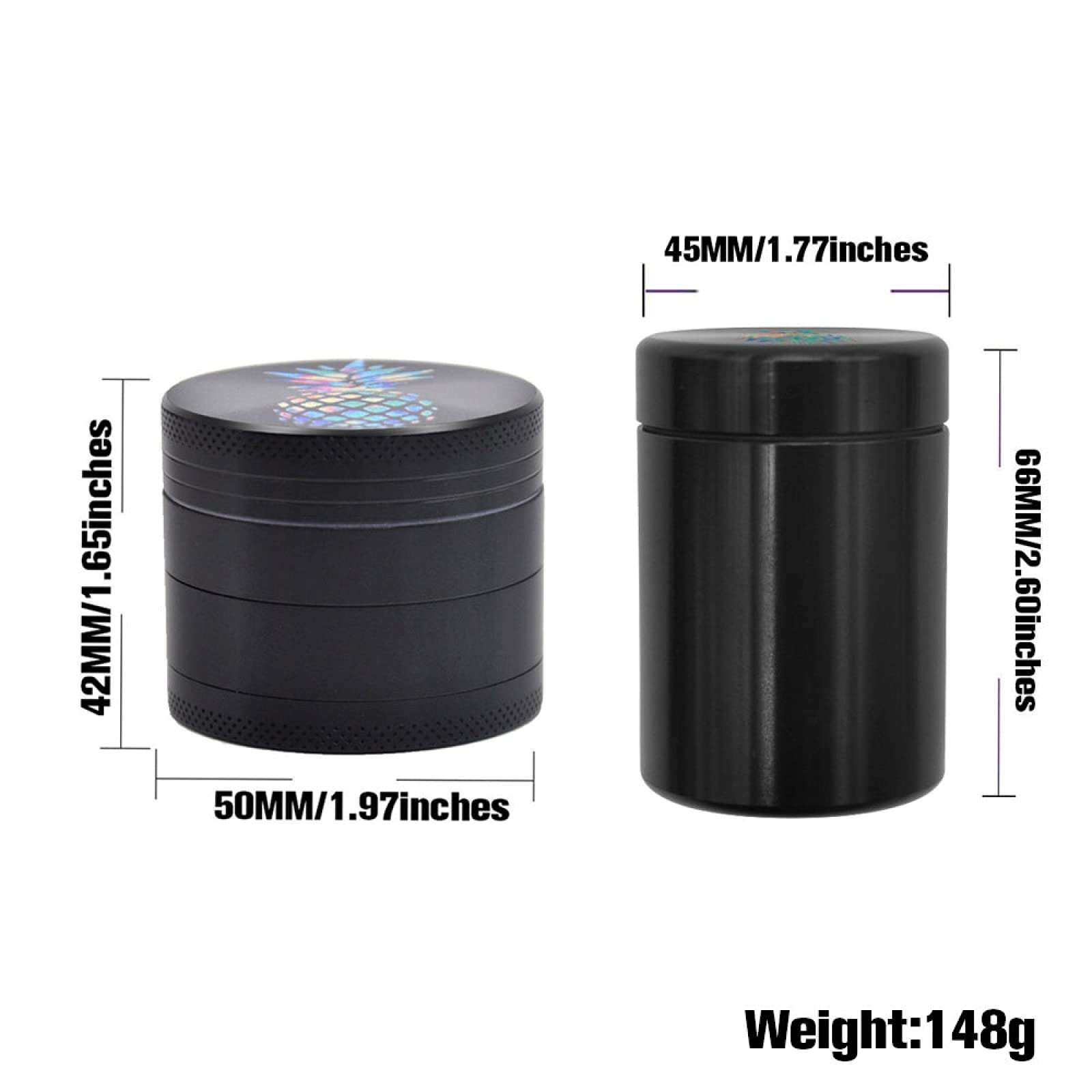 Smerigliatrice per Erbe con Motivo A Ananas A Colori E Scatola per Erbe da 2 0 Pollici Smerigliatrice per Tabacco A 4 Strati (Nera)