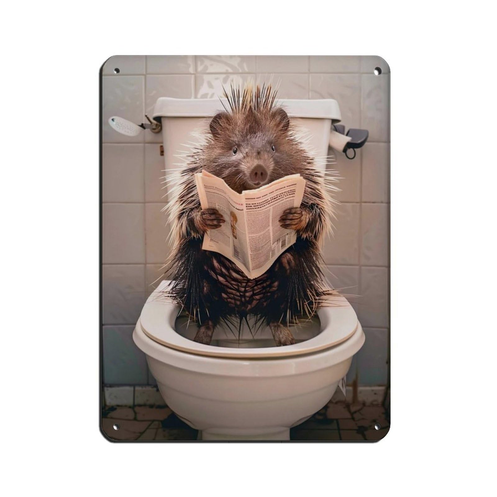 Porcupine Sitting on The Toilet Reading A Newspaper (14) Retro Poster Metal Tin Sign Chic Art Retro Iron Painting Bar People Cave Cafe Family Garage Poster Wall Decoration 12x16inch(30x40cm)