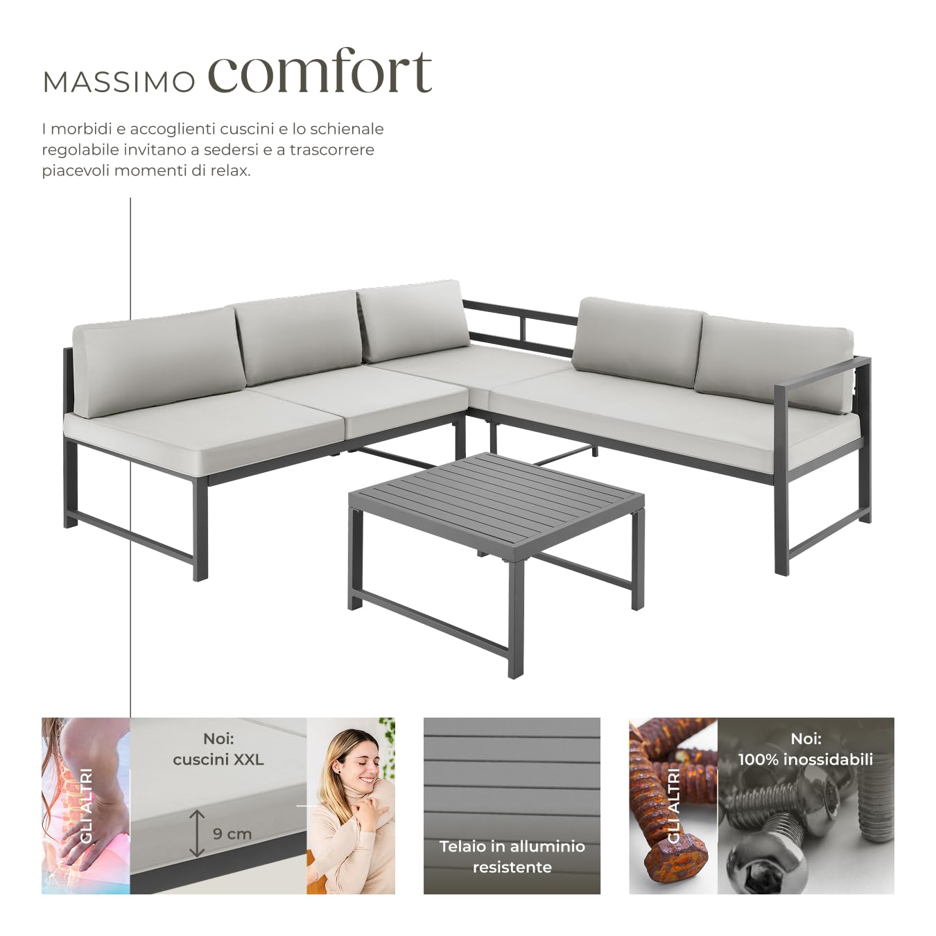 tectake® Set da Giardino, 2 Divani con Morbidi Cuscini, 1 Tavolino Salotto, Salotto da Giardino Esterno, Arredo Giardino per Esterno, Set Giardino Esterno Design Moderno - Grigio