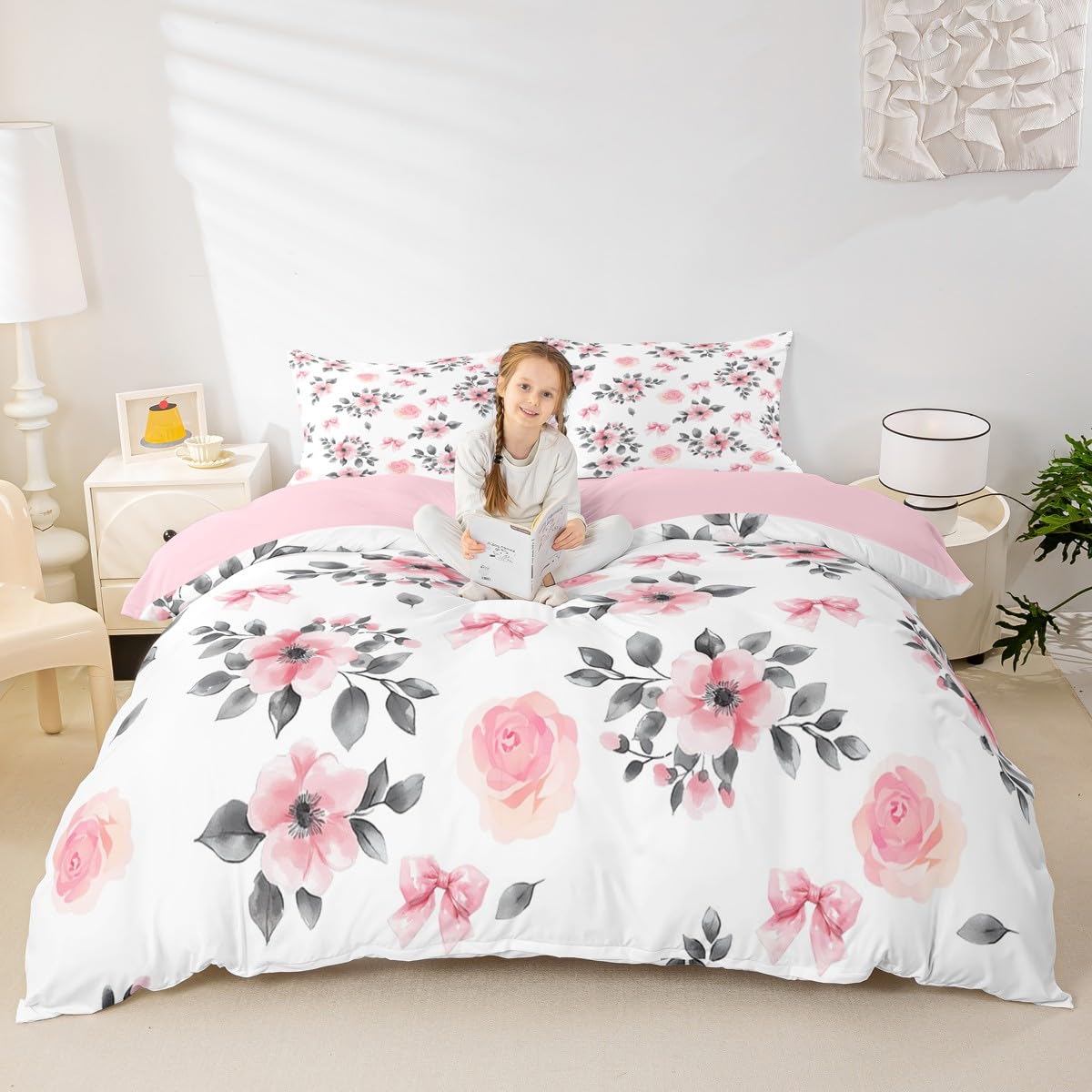 Homemissing Pink Flower Bowknot Duvet Cover Set Single Size For Kids Boys Girls Women Floral Botanical Bow Bedding Set Floral Print Duvet Cover with 1 Pillowcase - Image 3