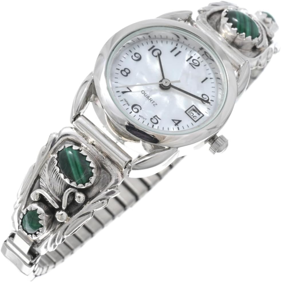 Alltribes Navajo Malachite Silver Ladies Watch Pretty Sterling Earthy Green Gemstone Southwest Design 0438