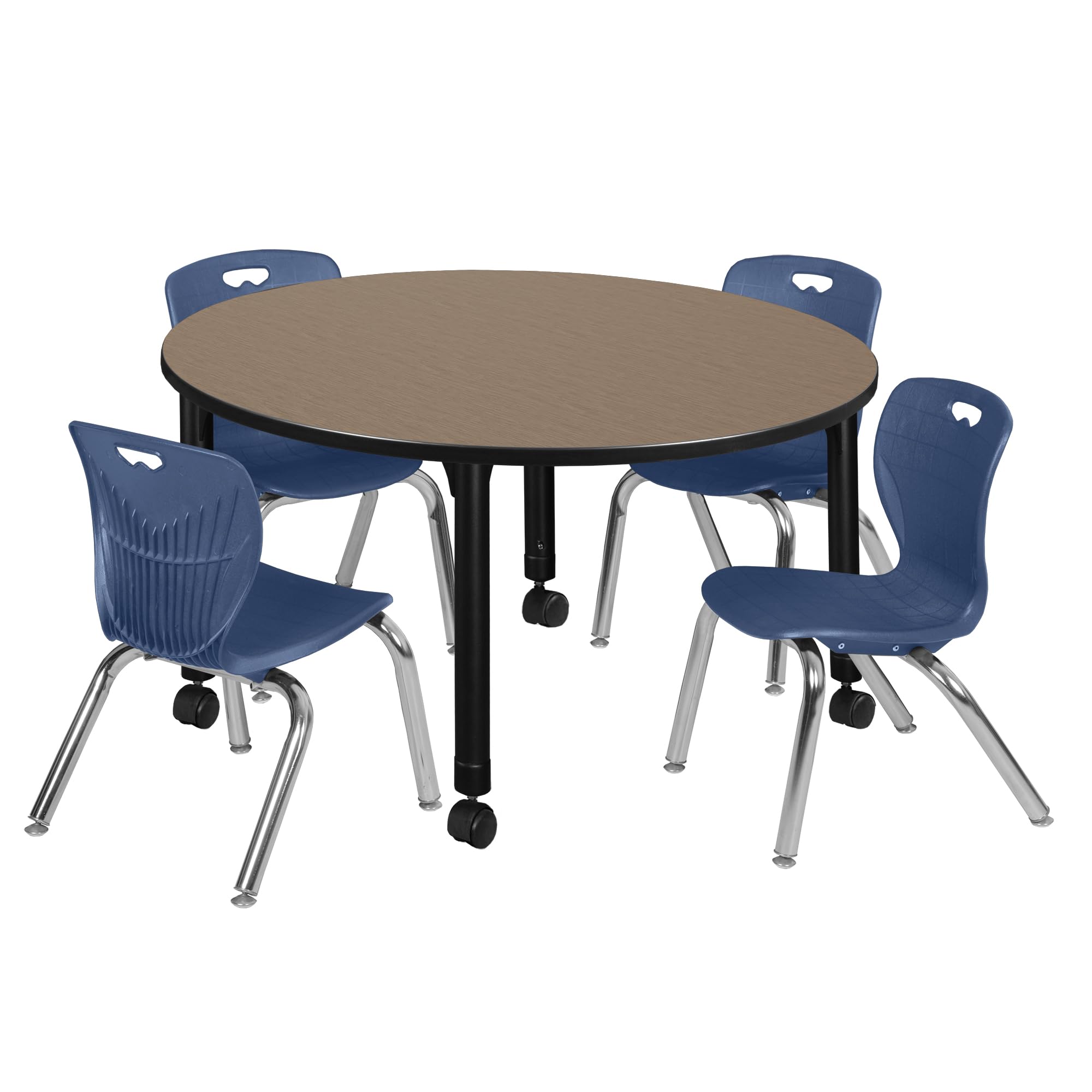 Regency Kee 48 in. Round Mobile Adjustable Classroom Table- Noble Oak Top, Black Base & 4 Andy 12 in. Blue Stack Chairs