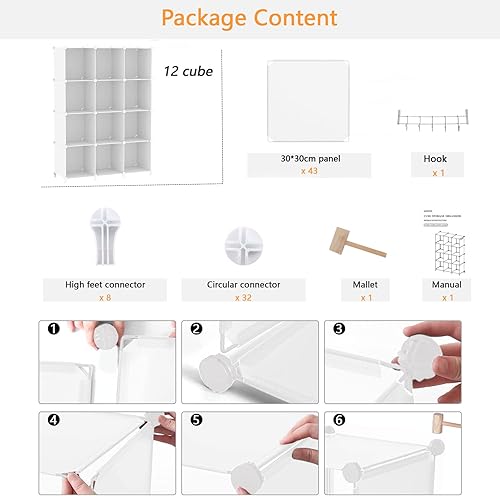 Miniatura 7 de AWTATOS Organizador de almacenamiento de cubos, estantería de 12 cubos, estantería de bricolaje de plástico para armario, estantes de almacenamiento