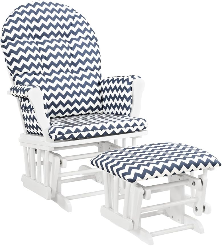 Windsor Glider and ottoman-white w/ navy chevron