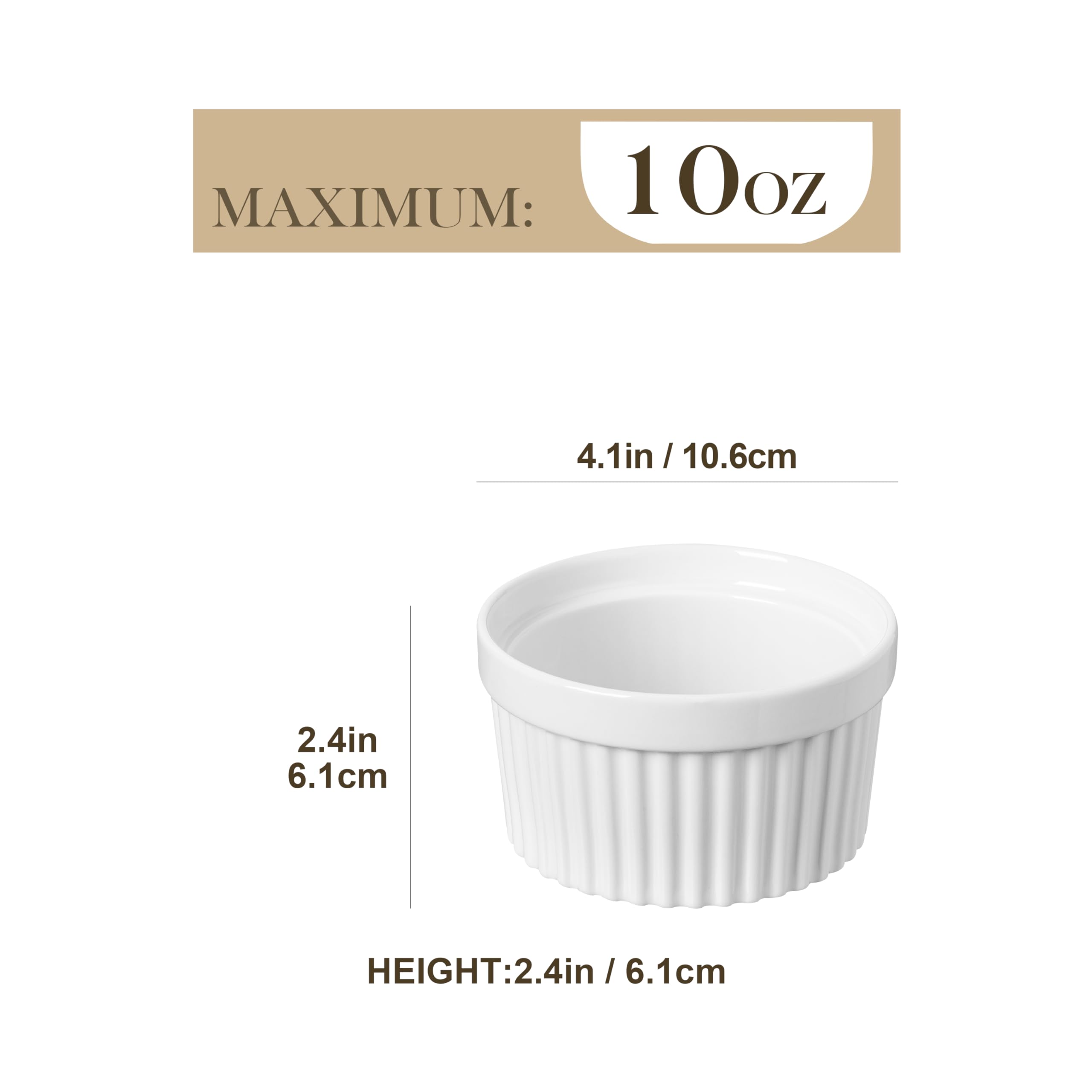 MALACASA Lot de 6 Petit Ramequins Four en Porcelaine, Ramequins Individuels en Céramique pour Soufflés Crème Brulée Muffins Cupcakes Puddings, 320ml, Blanc Ivoire