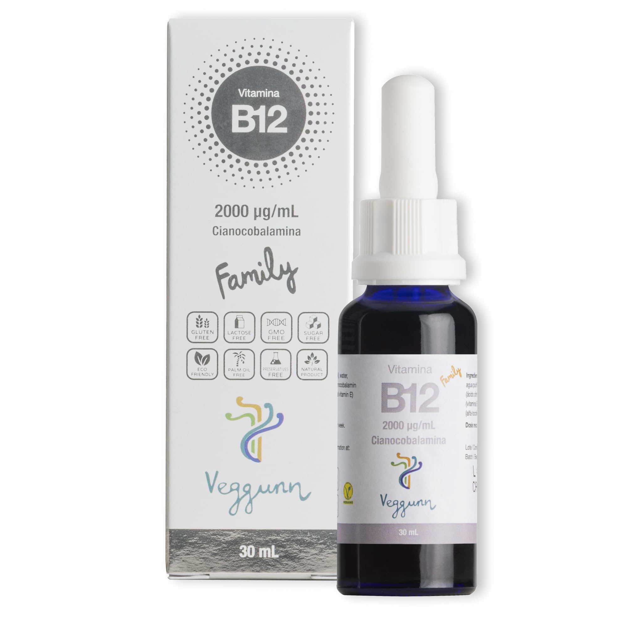 VEGGUNN - Vitamina B12 Familiy - Bote de 30 ml. Vitamina B12 Sublingual - 2000 mcg por mililitro, Natural, con Certificado Vegano - Vitaminas para el Cansancio con Suministro para 30 Semana