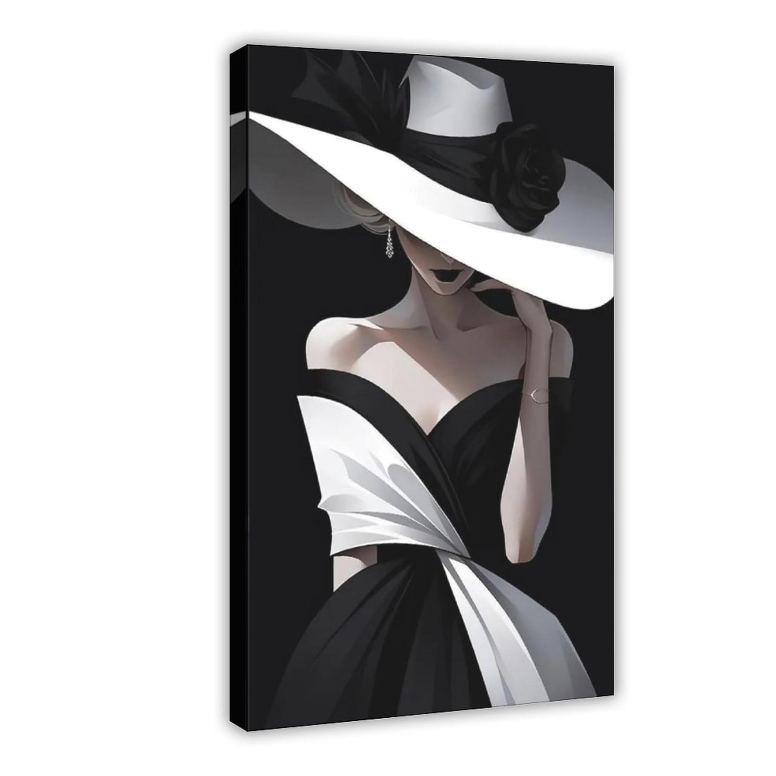 Wjwart Elegant Woman In Black Dress With White Hat And Rose Canvas Poster Bedroom Decor Landscape Decor Gift 16X24inch(40X60cm)