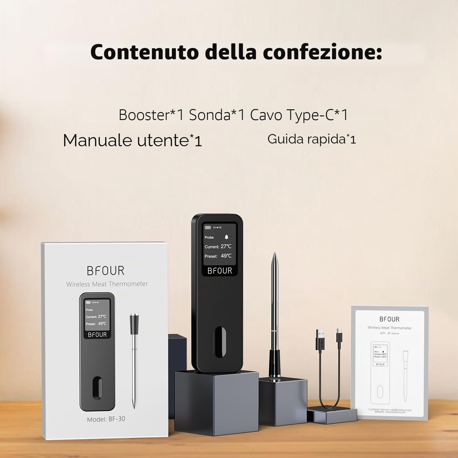 BFOUR 2025 - Termometro da carne senza fili, con Bluetooth, doppio allarme, monitoraggio app, IP67, impermeabile, termometro da forno per barbecue, forno, affumicatore, girarrosto