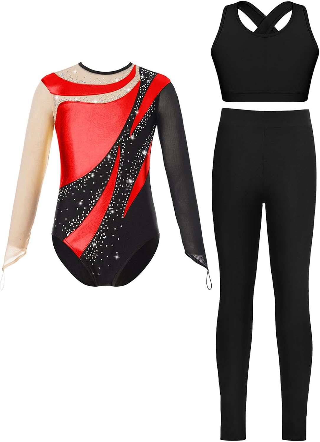 Girls' Gymnastics Sports Workout Ballet Leotard with Crop Tops and Leggings 3PCS Fitness Tracksuit