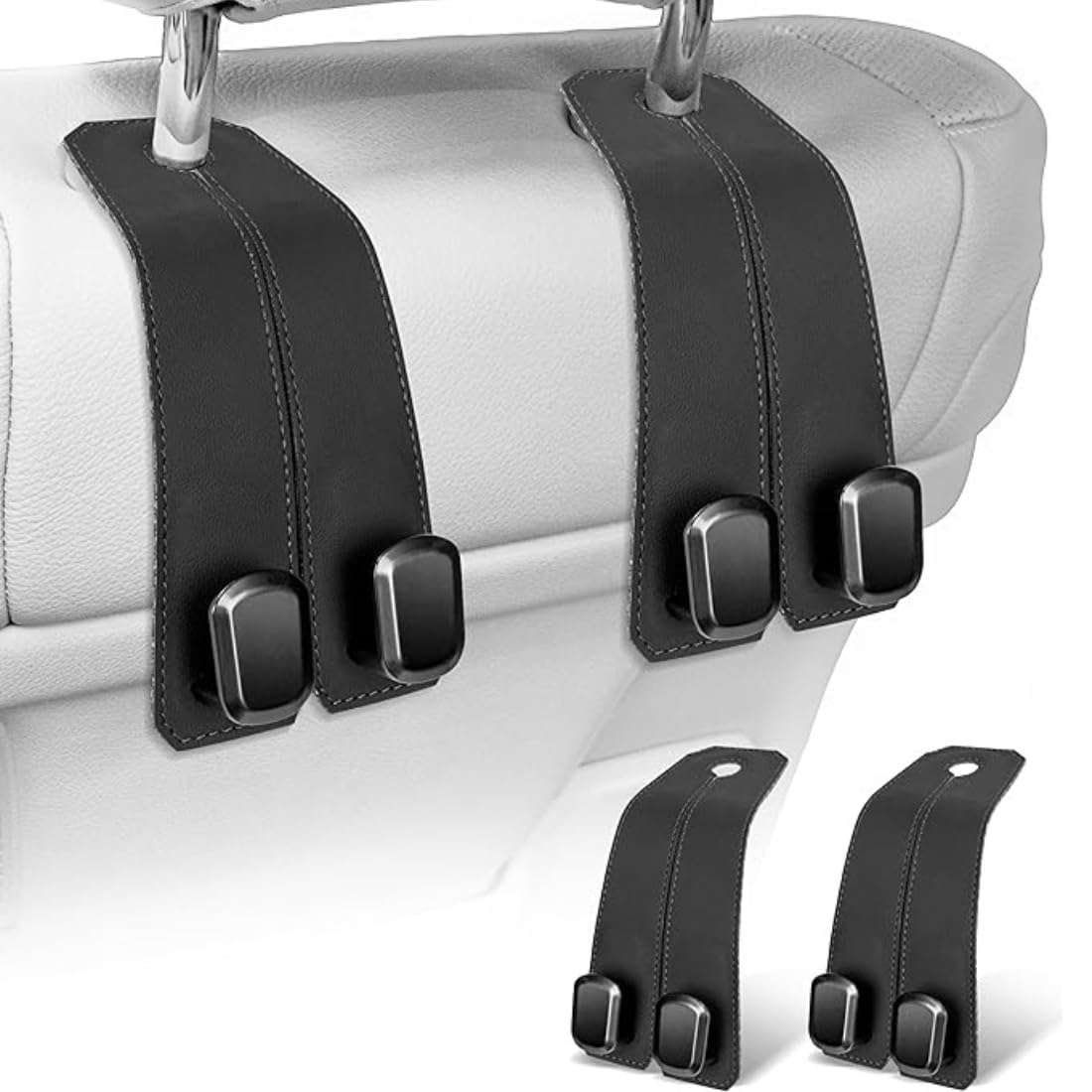 TASMAX Back Seat 2-in-1 Leather Hanger Hook car Interior Accessories Bag Holder Headrest Hanger with Hooks Car Seat Storage Hooks for Bags Car Seat Storage Hooks for Bags, Purses, Phone (Pack of 2)