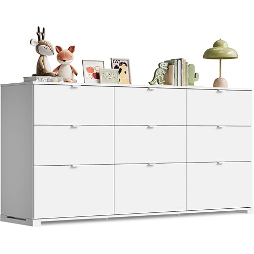 WLIVE 9 Drawer Dresser for Bedroom, 63" Wide White Drawers Large Wood Chest of Drawers Organize with Sturdy Metal Handle, Modern Dresser for TV Stand, Living Room Office, Hallway, Ball Bearing Slide