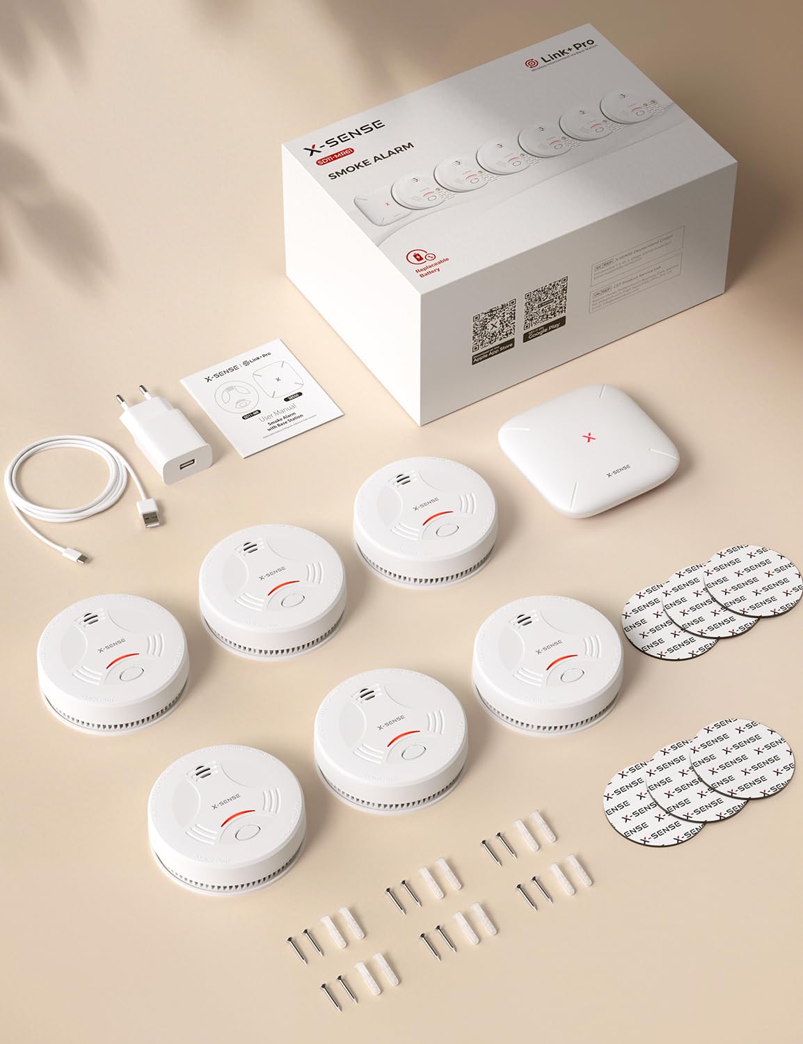 X-Sense Smart-Rauchmelder WLAN mit Magnethalterung, Zertifiziert nach EN 14604, Rauchmelder vernetzt, App-Steuerung, mit Basisstation SBS50, funkvernetzter Feuermelder, SD11-MR61, 6 Stück