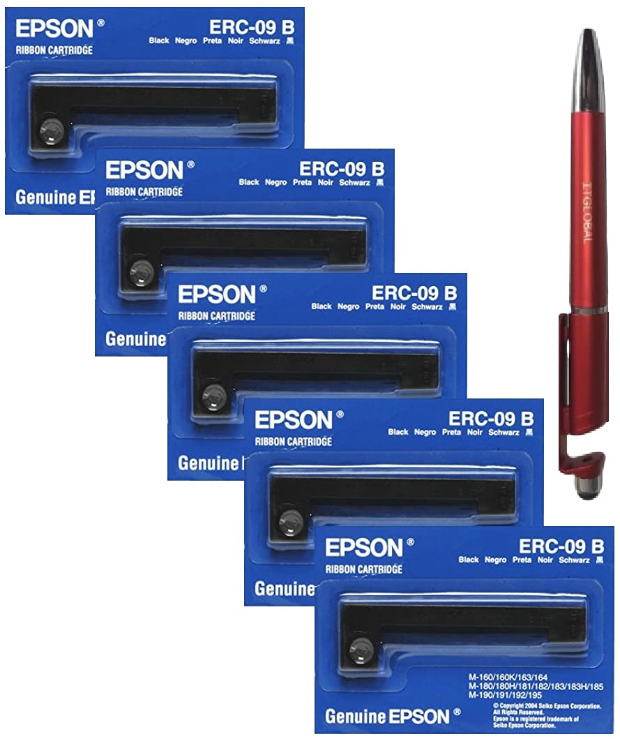 Epson ERC-09 B POSC Ribbons (Set of 5) with ITGLOBAL 3in1 Multi-Function Mobile Phone Stand, Stylus Pen, Anti-Metal Texture Rotating Ballpoint Pen (Very Colors) ERC 09 B 09B