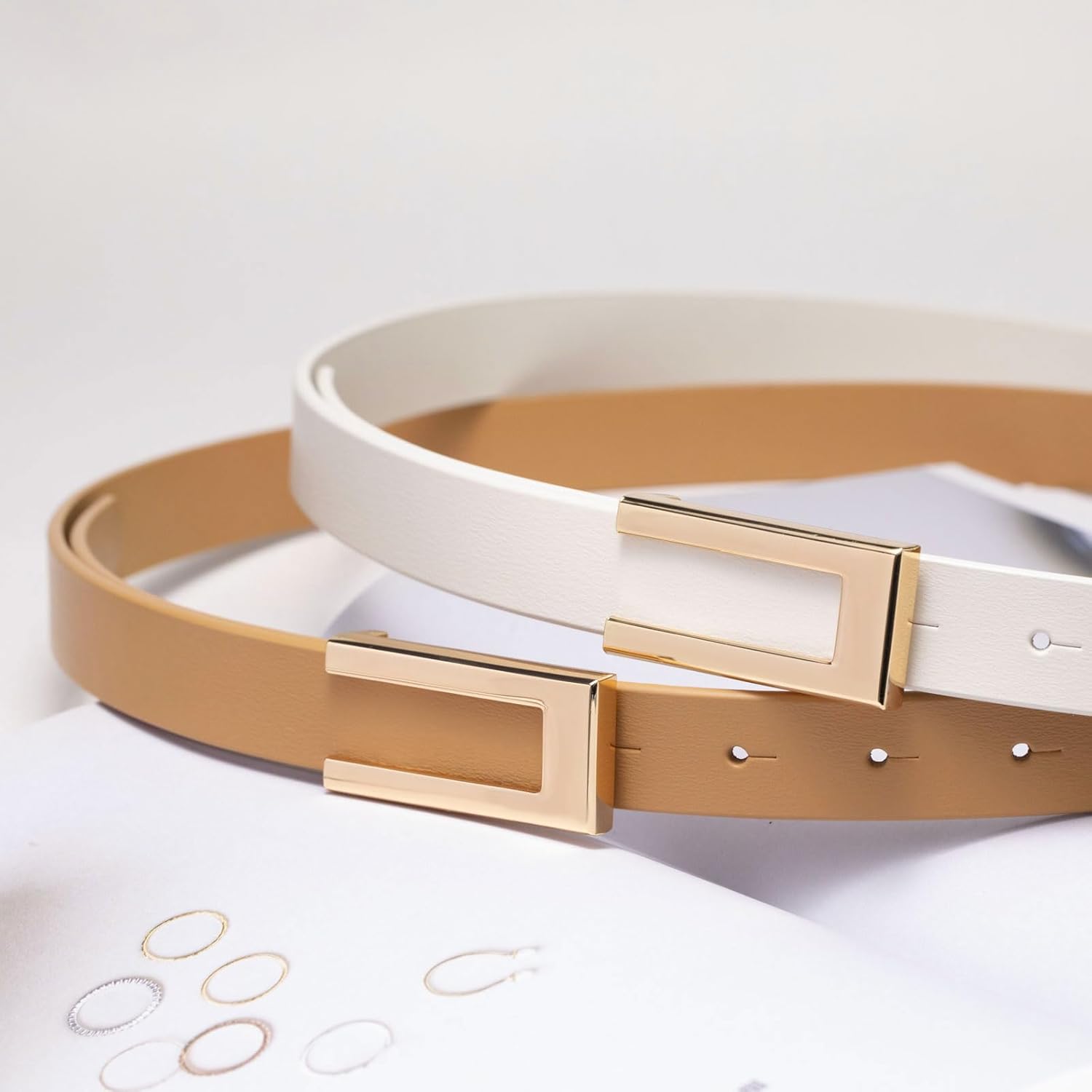 Womens Leather Belt Skinny Waist Belt for Dresses Jeans Pants with Gold Buckle - Image 4