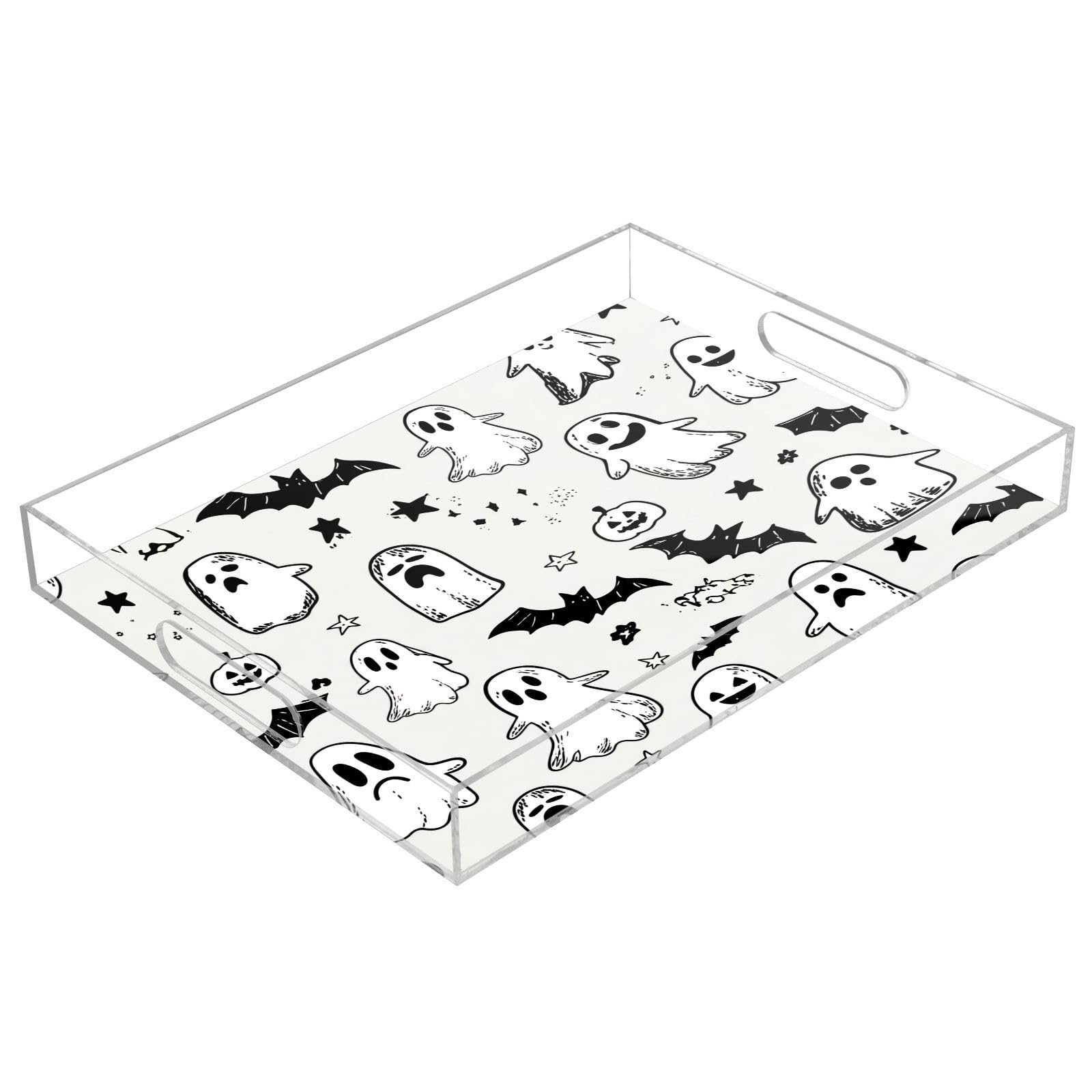 BOESI Graffiti Cute Ghosts and Bats Acrylic Decorative Dining Tray, Acrylic Decorative Tray Organizer with Handle for Kitchen, Dining Room, Bathroom, Dresser