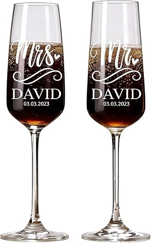 Copas de champán de boda personalizadas, juego de 2 copas de champán, vasos de brindis para el señor y la señora, decoración de boda, copas