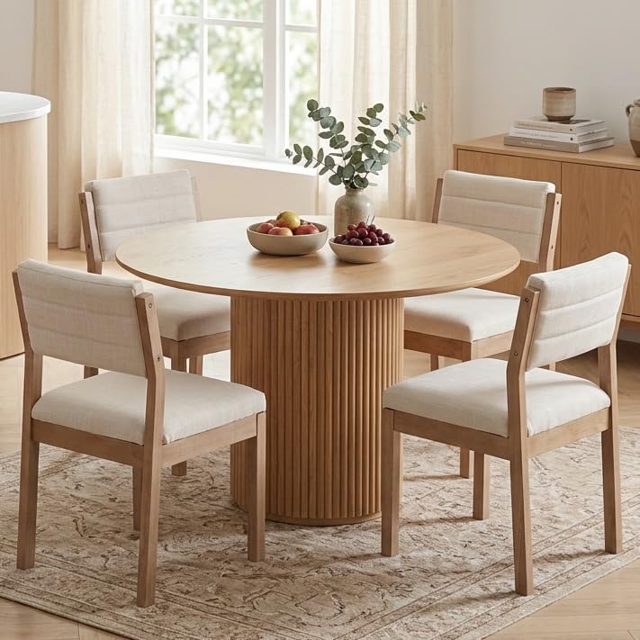 Image of RIVOVA Linen Dining Chairs Set of 4, Comfortable Upholstered Kitchen Chairs with Wood Legs, Mid Century Modern Kitchen Chair Accent Side Chair for Living, Bedroom, Restaurant, Beige