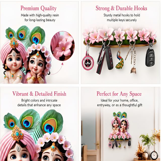 Image of Radha Krishna Wooden Key Holder for Wall with 7 Hooks | Decorative Wall Mounted Key Stand for Home Entrance, Living Room, Office & Puja Room | Spiritual Wall Decor Gift by Dakshestry Artworks