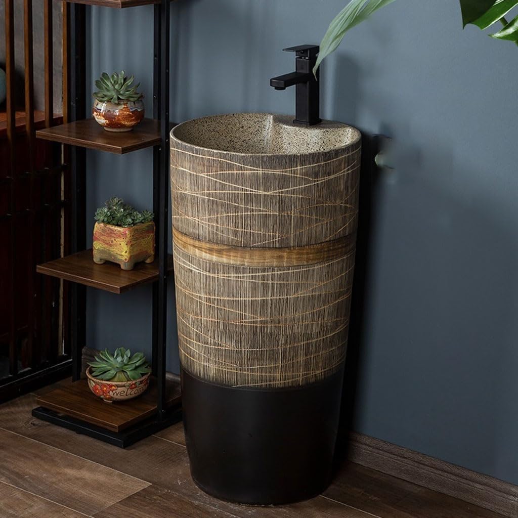Bathroom Countertop Vessel Sink Ceramic Pedestal Basin Outdoor Courtyard Cylindrical Wash Balcony Integrated Floor-standing Retro Pedestal Sink Vanity