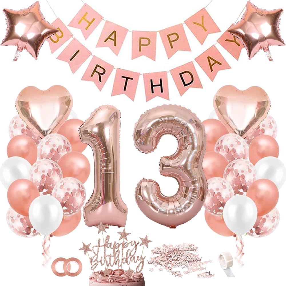 TOPHOPE Luftballon 13. Geburtstag Roségold Folienballon Luftballon Zahlen Geburtstagsdeko 13 Jahr Riesen Folienballon Zahl 13 Ballon 13 Deko zum Geburtstag Roségold Happy Birthday