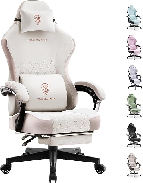 Dowinx Gaming Chair Fabric with Pocket Spring Cushion, Ergonomic Computer Chair with Footrest, Gamer Chair for Adults, Home Office Game Chair with Massage Lumbar Support(Beige Brown)