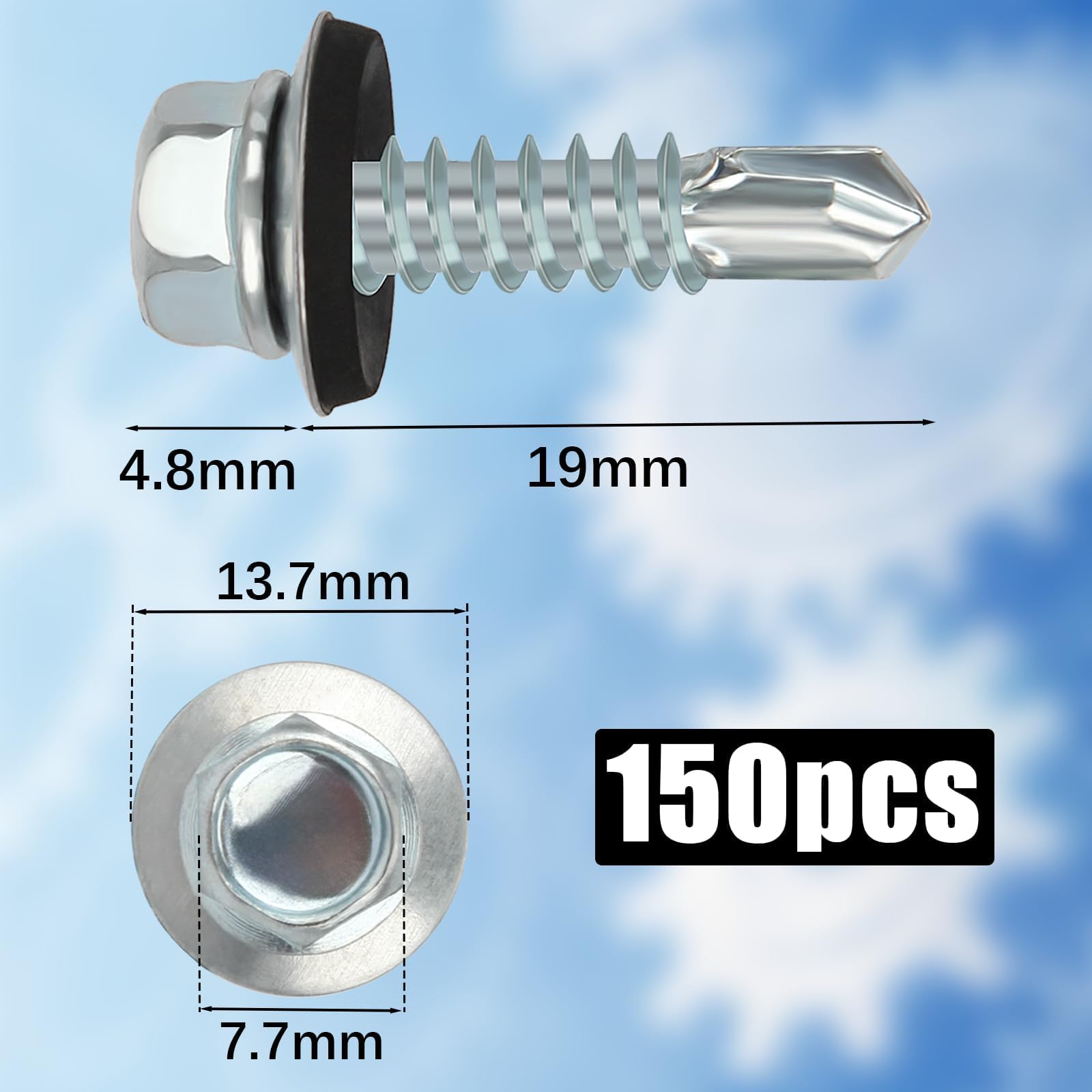 150PCS Roofing Screws with Rubber Washers 4.8x19mm Hex Head Self Tapping Screws Tech Screw for Metal Zinc Plated Corrugated Roofing Cladding Steel Screw for Tin Roof - Image 2