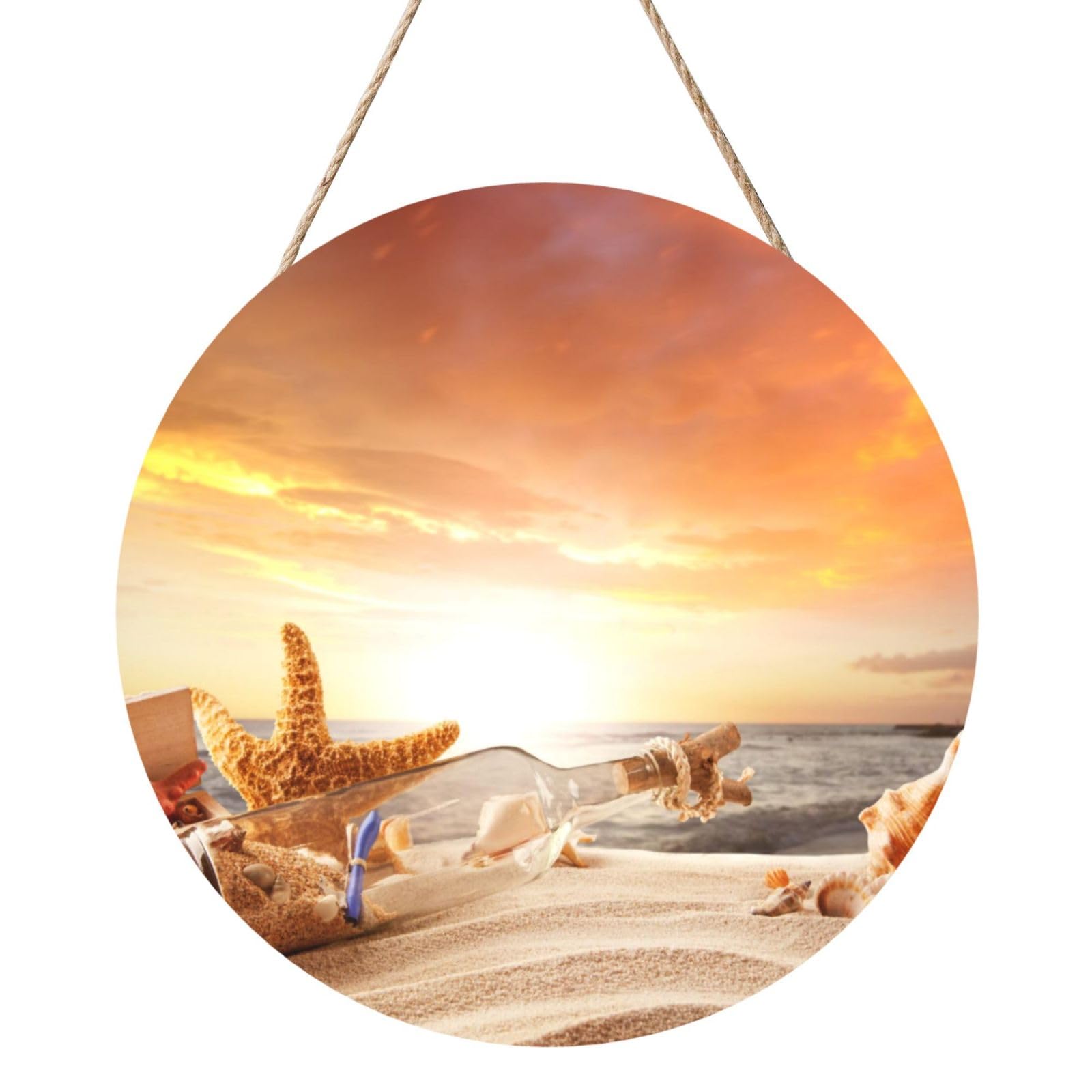 InOmak Beach With Seashells Sunset Printed, Round Wood Panel Painting 12 in, Wall Hanging Painting For Home