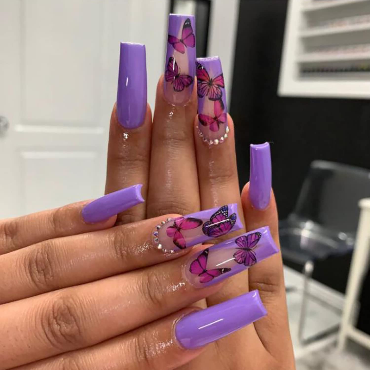 Medium Press on Nails Butterfly Square Fake Nails Purple False Nails with Rhinestones Designs Spring Glue on Nails Full Cover Stick on Nails Glossy Artificial Nails for Women and Girls