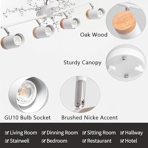 Miniatura 5 de TeHenoo Kit de iluminación de riel ajustable, lámpara de techo de 4 luces GU10 con pantalla de metal y madera para sala de estar, cocina, cuarto de