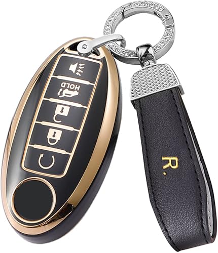 Miniatura 7 de ontto Funda para llavero de automóvil de 5 botones con llavero de TPU suave, borde dorado, carcasa para llave para Nissan Altima Maxima Murano Rogue