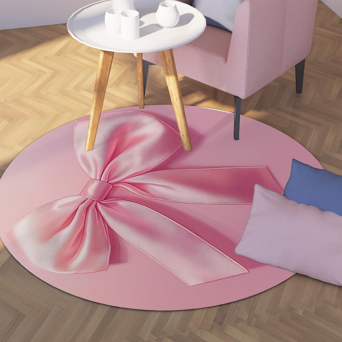 Różowe okrągłe dywaniki 200 cm satynowa wstążka węzeł 3D design składana mata odporna na niskie włosie odporna na plamy duża cienka antypoślizgowa pralka można prać w pralce do